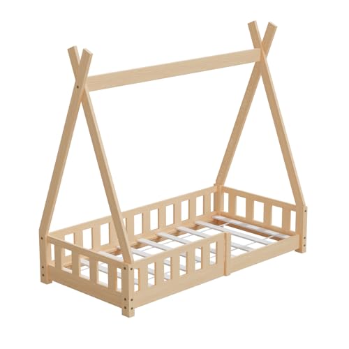 HAGO 24 | Lit enfant | 160 x 80 cm naturel | Cadre de lit tipi | Maison en bois | Aspect tente | Protection anti-chute | Sommier à lattes | Pin | Montessori |...