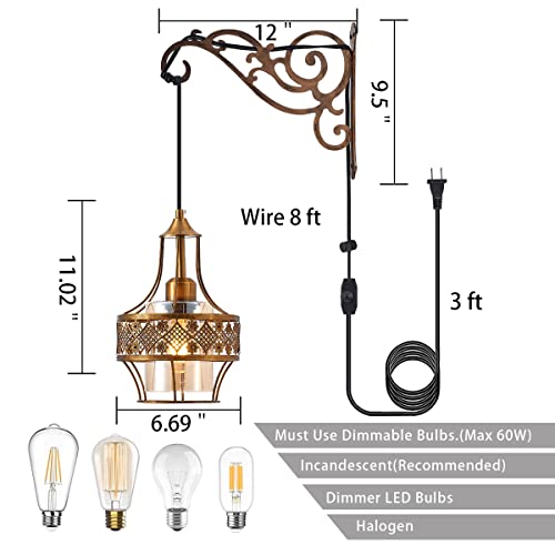 Image of Boho Plug in Wall Sconces Set of Two,Dimmable Vintage Wall Hanging Lights with Plug in Cord with Gold Metal Arm,Wall Mount Hanging Lamp for Bedroom Living Room