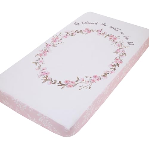 Image of NoJo Flower Fairy Pink, White, and Taupe She Believed, She Could, So She Did 100% Cotton Nursery Photo Op Fitted Crib Sheet