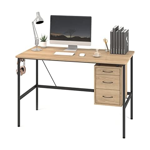 LINSY HOME Computer Desk 47 inch with 3 Drawer, Writing Desk Study Table with Monitor Stand Groove for Home Office, Black Cover