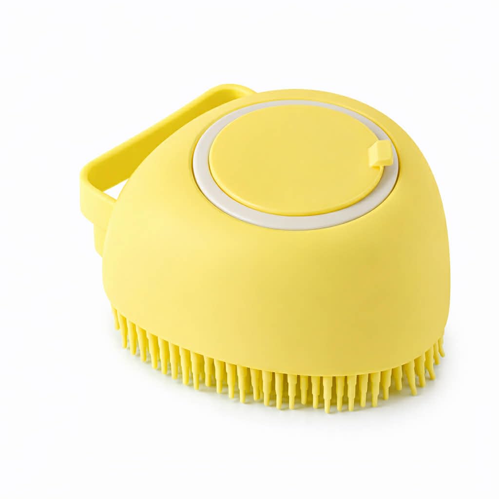Harrista Heart-Shaped Pet Shampoo Dispensing Brush – Silicone Dog & Cat Bath Brush with Built-In Foam Reservoir & Massage Bristles (yellow)