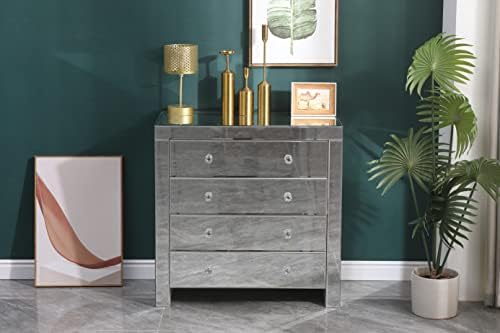 HOME MODERN Mirrored Chest of 4 Drawers with Crystal Handle Glass Storage Unit Sideboard Cupboard Bedroom Living Room Furniture Cabinet