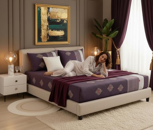 Image of 300 Tc Cotton Feel Glace Cotton Elastic Floral Fitted Bedsheets Queen Size 78 X 60 Inches||1 Elastic Bedsheet Queen Size Cotton&2 Pillow Covers(Vegas),Grey