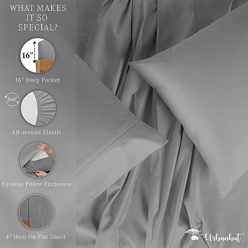 URBANHUT 800 Thread Count Egyptian Cotton Sheets King Size, Long Staple Soft & Breathable, 4 Pc Bed Sheet for King Size Bedding, Sateen Weave Luxury Hotel Bed Sheets Fits 16" Deep Pocket - Dark Grey