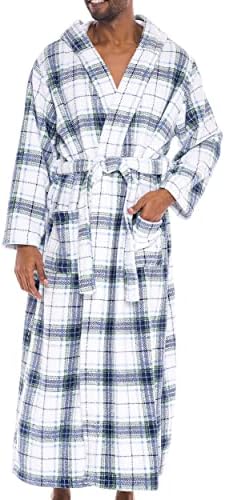 Alexander Del Rossa Classic Men’s Robe, Plush Fleece Hooded Bathrobe Blue on White Plaid 1X-2X