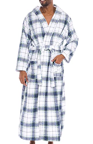 Alexander Del Rossa Classic Men’s Robe, Plush Fleece Hooded Bathrobe Blue On White Plaid 1X-2X #TOP8