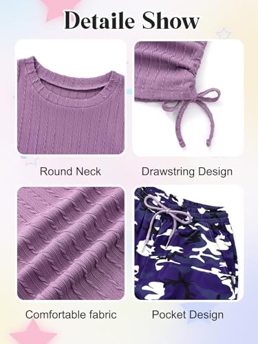 Image of ESHOO Teen Girls 2 Piece Outfits Kids Girls Ruched Drawstring Ribbed Knit Short Sleeve T Shirt Camouflage Pants Clothing Set