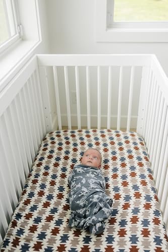 Image of Western Aztec Muslin Crib Sheet by Mebie Baby, Soft and Breathable Bed Sheets for Babies, Modern Neutral Bedding for Cribs, Standard Crib Mattress Fitted Sheet, Great for Boy or Girl Room or Nursery