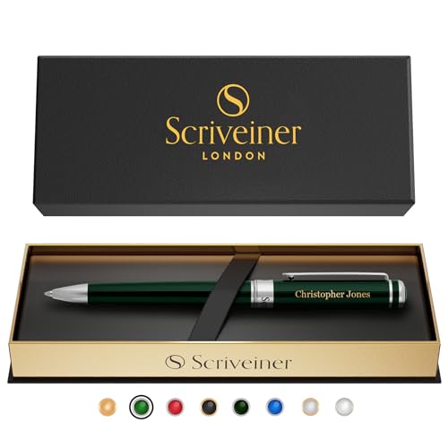 Scriveiner British Racing Green Personalisierter Stift - Atemberaubender Grüner Lack Luxus Mit Chrom Finish, Schmidt Tintenmine, Beste Gravierte Kugelschreiber Geschenk Set, Individuelle Namensgravur