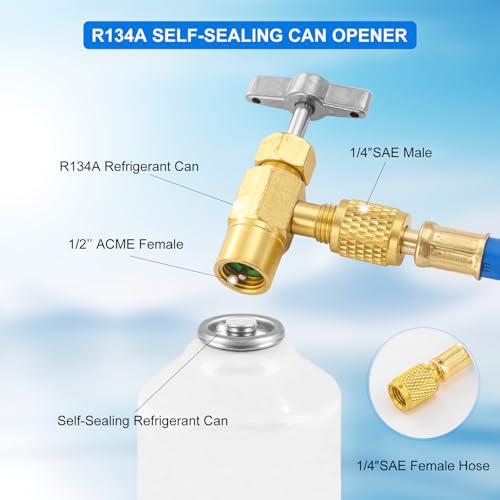 R134A Refrigerant Charge Hose Kit with Self-Sealing Can Opener, R134A Low Side Quick Coupler, with 1/2’’ RH Can Tap Opener Low Pressure Gauge and 59\'\' Recharge Hose