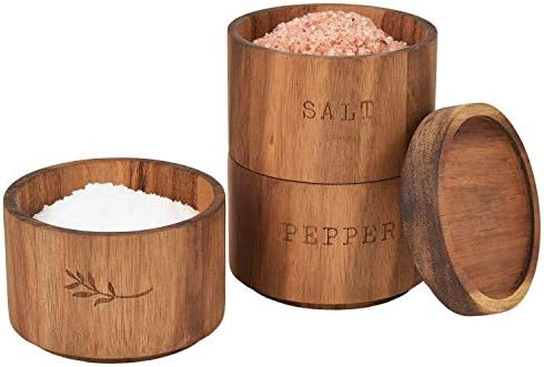 Juego de coctelera de sal y pimienta de madera de acacia, caja de especias apilable de 3 piezas