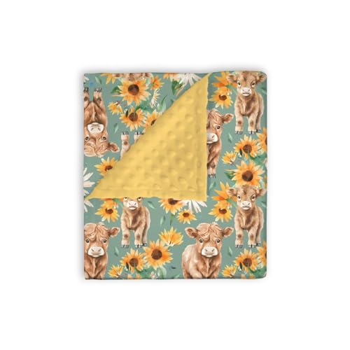 Image of Mink Baby Girl Blanket Highland Cow Sunflower, Western Cowgirl Calf Flower Soft Double Layer Dotted Backing Receiving Swaddle, Fall Autumn Newborn Infant Toddler Nursery Crib Bedding Shower Gift 30x40