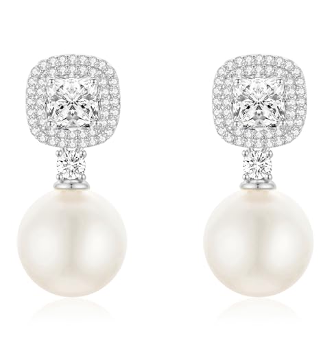 Geelein Pearl Drop Earrings With Cubic Zirconia 925 Sterling Silver Post Square Halo Bridal Wedding Earrings Hypoallergenic for Women, White by Geelein - Used condition - US$6.57