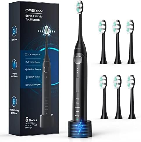 Operan Electric Toothbrush for Adults and Kids High Power Sonic Rechargeable Toothbrush with Smart Timer 5 Modes 6 Brush Heads 40,000 VPM Motor 6 Hours Fast Charge for 100 Days (Black)