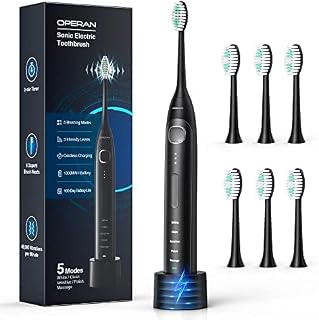 Operan Electric Toothbrush for Adults and Kids High Power Sonic Rechargeable Toothbrush with Smart Timer 5 Modes 6 Brush Heads 40,000 VPM Motor 6 Hours Fast Charge for 100 Days (Black)