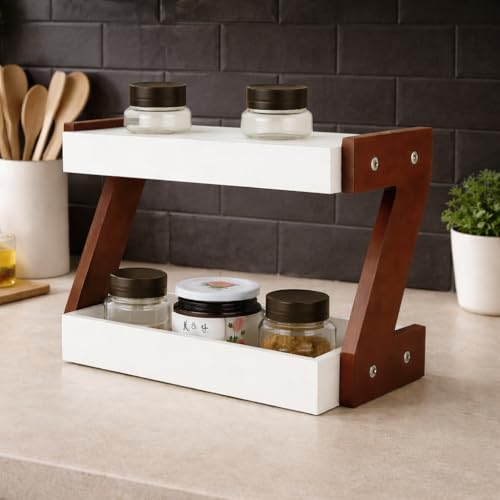 Image of Kundi 2-Tier Storage Shelf for Spices & Oils - Countertop Organizer with Shelf (White)