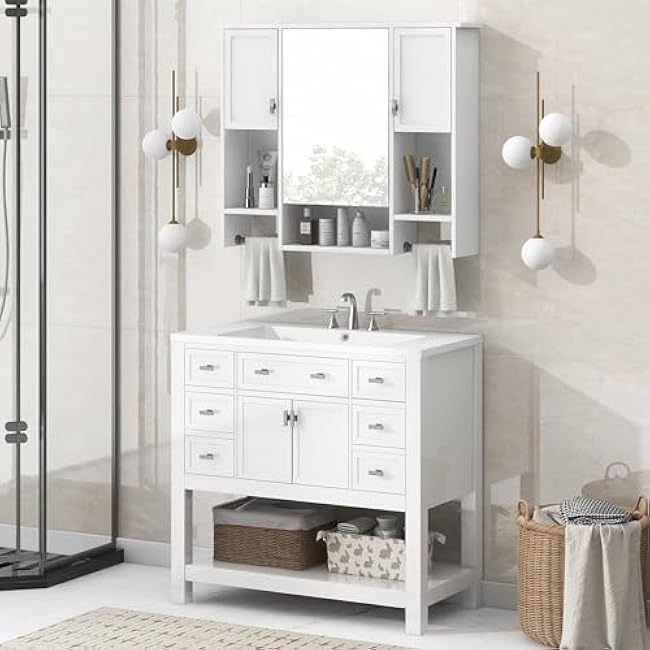 36'' Modern Single Sink Bathroom Vanity Set - Includes Top Sink, Mirror Cabinet with Towel Bar, and Storage Cabinet with 2 Soft - Closing Doors & 6 Drawers