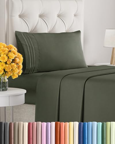 Image of Twin Size 3 Piece Sheet Set - Ultra Soft & Cooling Sheets - Dark Olive Grey | Fits 8 Inch to 16 inch Mattress, Wrinkle Free & Fade Resistant with Deep Pockets, Breathable, Comfy Hotel Luxury Bedding