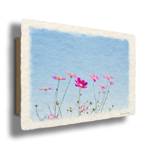 和紙の絵写真 「青空と赤いコスモス」 水晶入り パネル付き 30x21cm 風水 玄関 絵画 絵 インテリアおしゃれ 壁掛け 北欧 風景画 アートパネル 秋 赤 花の絵 Natural Memories