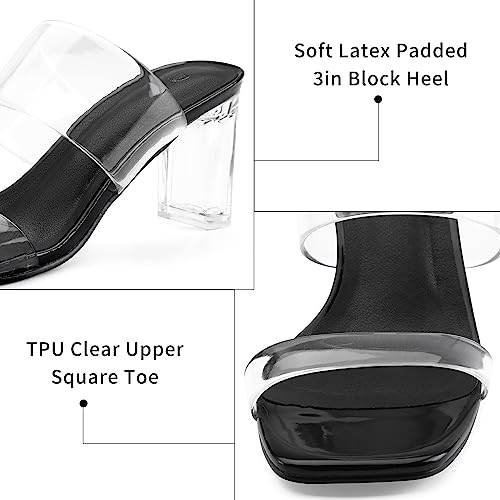 Image of mysoft Women's Clear Heels Square Toe Chunky Block Heel Sandals | 3 Inch Block Heel, Two Clear Straps, Slip On, Square Open Toe, Comfortable, Lightweight, Daily Walking, Party, Summer Dressy