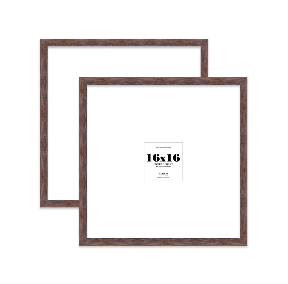 16x16 Walnut Picture Frame with Large Mount for 4x4 Photos, Prints - Modern Square Wall Frame, Set of 2