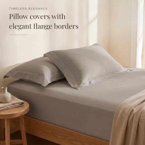 Image of Huesland 300 TC Premium 100% Pure Cotton Luxe Soft Touch Fitted Single Size Bedsheet Cotton with 2 Pillow Covers | Dessert Taupe | 36 x 78 Inches