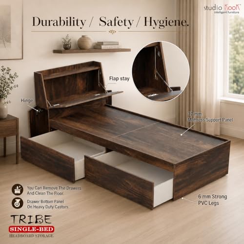 Image of Studio Kook Tribe Left Single Bed with Headboard Storage & 2 Drawers | Engineered Wood Bed | Fits 78 x 36 inch Mattress | Junglewood | Mattress Not Included