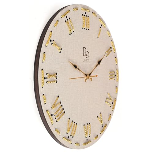 Image of Wooden Round Shape Roman Dial Wall Clock with Golden Hand & Golden Zari Rope Detailing | Silent Quartz Movement Anti Reflection Analog Vintage Clock for Office and Home (Ivory, 15.5 Inch)