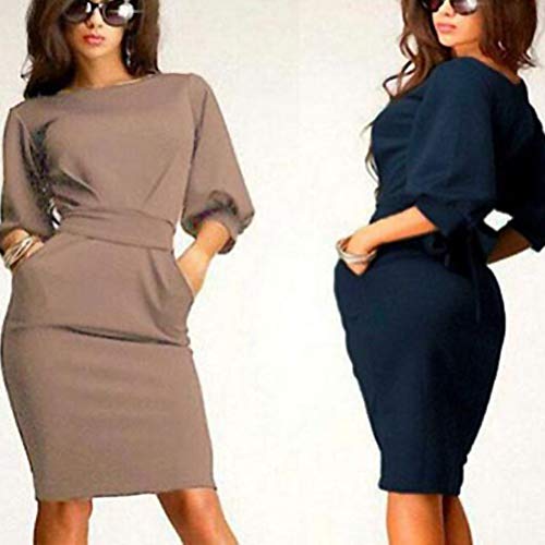 Vestido feminino de manga bufante slim coquetel midi tamanho P (azul escuro)