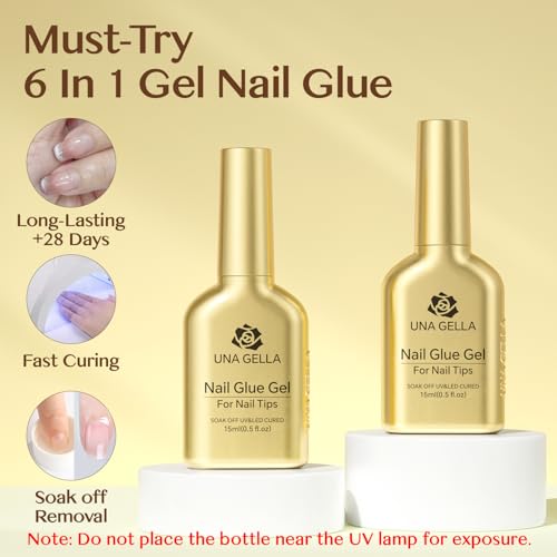 Image of UNA GELLA 6 in 1 Gel Nail Glue for Clear Acrylic Nails Tips, 2Pcs 15ml Super Strong Brush U V Nail Glue Long Lasting Lamp Curing Required for Fake Nails Tips