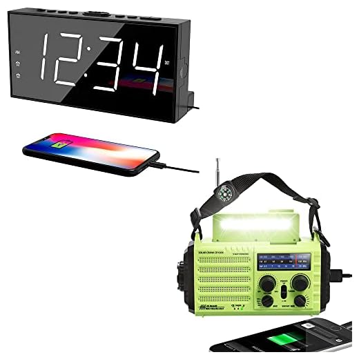 Digital Dual Alarm Clock for Bedroom + 5-Way Powered Portable Emergency Solar Hand Crank AM/FM/SW/NOAA Weather Alert Radio