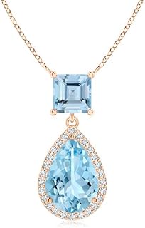 Angara Natural Square and Pear Aquamarine Pendant/Necklace with Diamond Halo in 14K Solid Gold for Women | March Birthston...