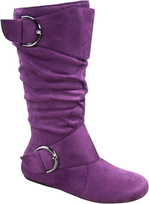 Image of Forever Link Women's Klein-70 Closed Round Toe Buckle Slouch Flat Heel Mid-Calf Boot