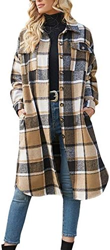 Ainangua Women's Casual Wool Blend Long Plaid Shirt Jacket Button Down Pocketed Shirt Shacket (Khaki, M)