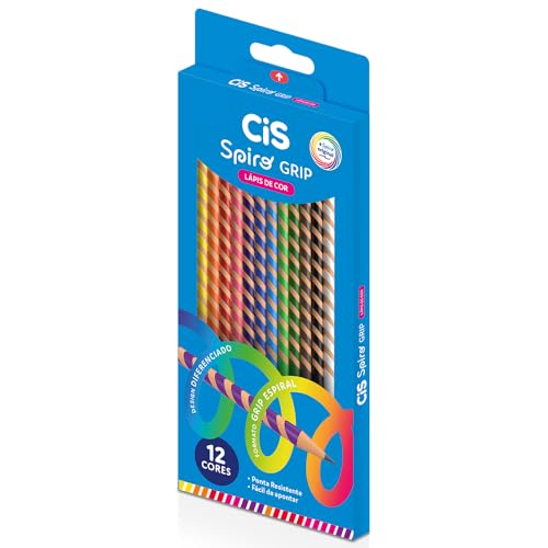 Lápis de Cor CIS Spiro Grip – Estojo com 12 Cores – Corpo em Madeira com Entalhe Espiral – Mina Macia de 3mm – Cores Vibrantes e Fácil de Apontar