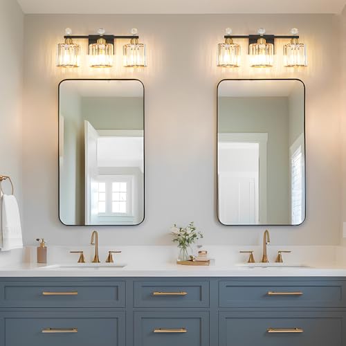 Image of Lxybcce Black and Gold Bathroom Vanity Light, 3-Lights Crystal Vanity Lights for Bath, Modern Bathroom Light Fixture Over Mirror, Wall Mount Lights with Clear Crystal Glass for Bedroom Living Room