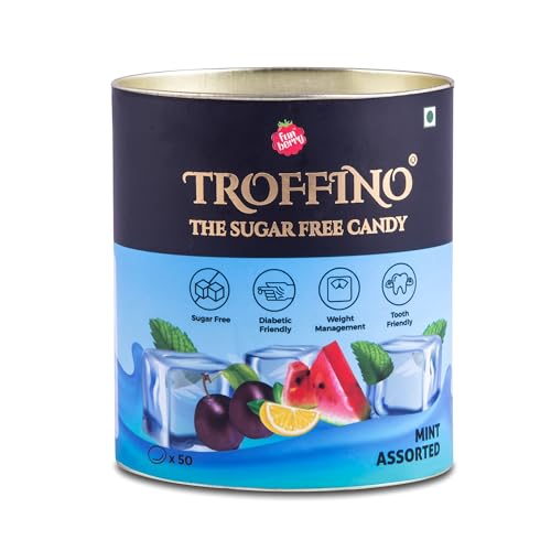 Image of TROFFINO SUGAR FREE Mint Assorted Candy Tin 4 Mouth Watering Mixed Fruit Flavors, (50 Candies) - Black Cherry, Paan, Watermelon, Fresh Mint - Pack of 1