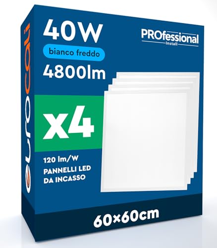 4 Pannelli LED 60x60 40W Quadrati da Incasso 4800 lumen con Driver Philips - Luce Fredda 6500K - Plafoniera da Ufficio ad Alta Luminosità 120 lm/W Lampada da Soffitto per Controsoffitti Modulari