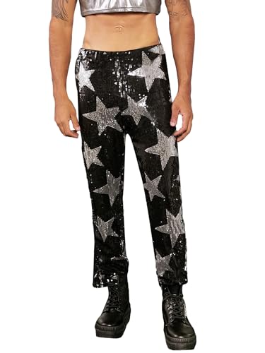 WDIRARA Men's Stars Graphic Printed Sparkle Sequins Elastic High Waisted Party Pants