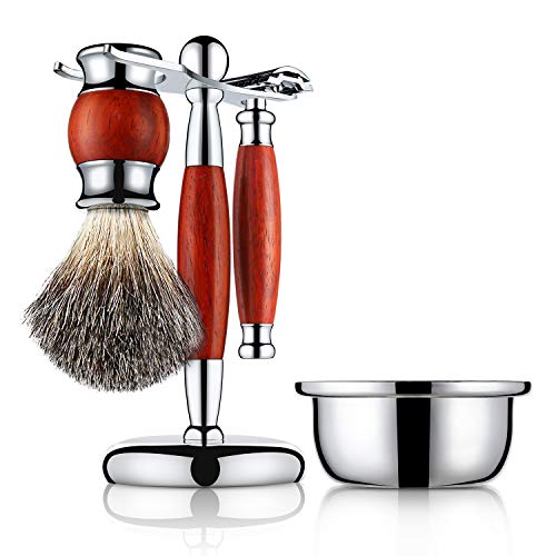Grooming Wet Shaving Set Including 100% Pure Badger Hair Brush, Manual Double-sided Razor, Stainess Steel & Rosewood Stand Holder, Zinc Alloy Bowl