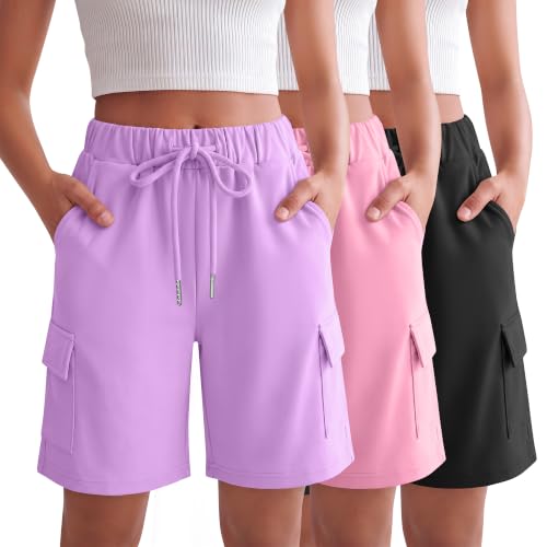 JoyMotion 3 Pack Girls Cargo Bermuda Shorts Loose Knee Length Summer Athletic SweatShorts Teen Baggy Long Shorts 5-14 Years(Purple Baby Pink Black 11-12 Years)