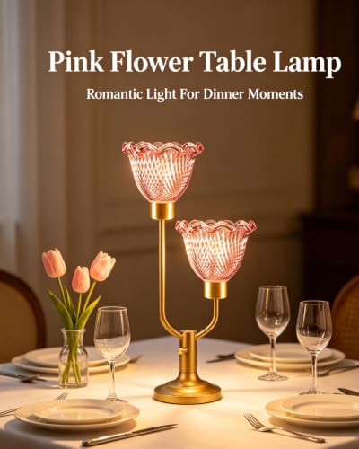 Image of Lightdot Flower Glass Table Lamp for Bedroom Vintage Pink Lamp Dimmable | Mid Century Modern Gold Desk Lamp 2 Bulbs Included Warmwhite Ambient Nightstand Bedside Lamps for Living Room Home Decor Gift