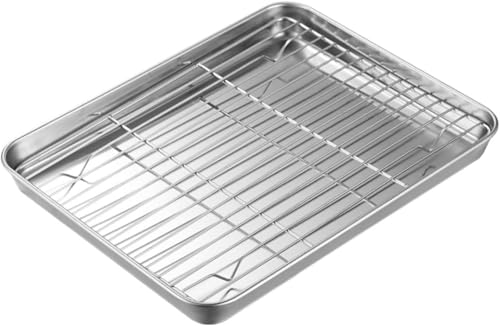 Riazdiw ネット、オイルコントロールラック、スプレッディングプレートを備えたステンレス製トレイ (31*24*2.4CM)
