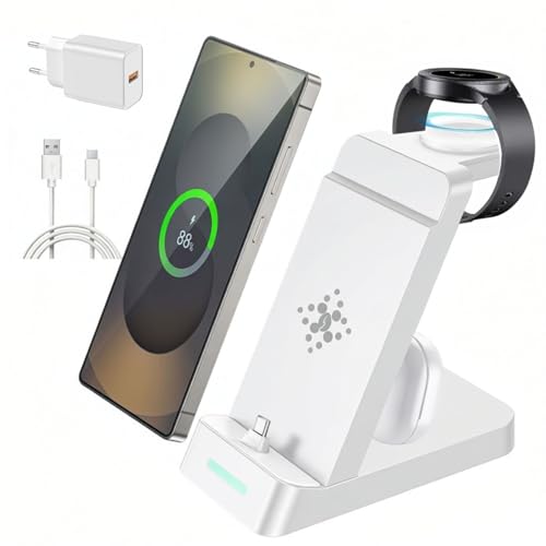 Estación de carga rápida 3 en 1 para teléfonos Samsung Galaxy, relojes y auriculares, cargador USB C superrápido para Samsung Galaxy S25/S24/S23/S22/21/20/Note20/10, Galaxy Watch Ultra 8/7/6/5/4