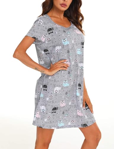 ENJOYNIGHT Womens Nightgowns Cotton Sleepwear Plus Size Sleep Shirts Short Sleeves Nightshirt Print Sleepshirt (X-Large, New Owl) - Thumbnail 3