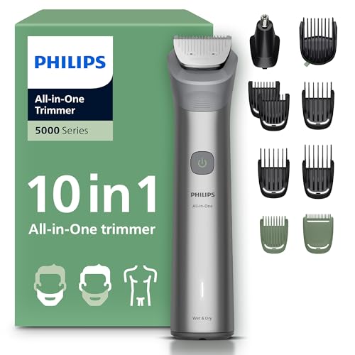 Philips Multigroom série 5000 Tondeuse tout-en-un 10 accessoires – tondeuse pour barbe, cheveux et corps, lames en métal auto-affûtées, 11 hauteurs de...