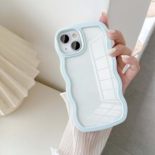 UEEBAI Wave Frame Clear Case for iPhone 13/iPhone 14 6.1 inch Case Clear, Cute Wavy Phone Case for Girl Slim Fit Shockproof Phone Cover Bumper Translucent Soft Pretty Case for Women - Baby Blue