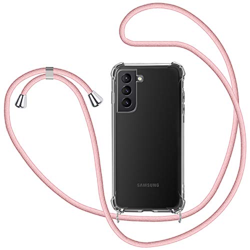 SAMCASE Collier pour Samsung Galaxy S21 5G Coque, Étui pour Téléphone avec Cordon Transparente TPU Bumper Lanyard Case Tour de Cou Chaîne Cordon Lanière Housse Etui - Or Rose Cover