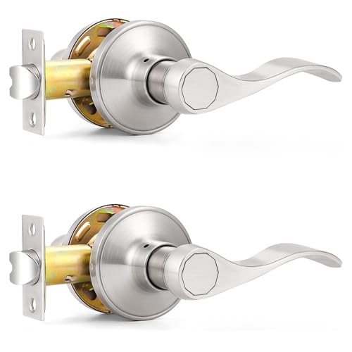 Probrico Passage Door Levers Brushed Nickel, Interior Door Handles Wave Style Keyless Door Handles Closet Hallway Door Lever, 2 Pack
