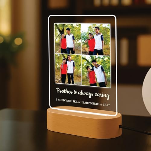 Image of Giftplease Personalized Acrylic Photo Night Light with Wooden Base - Custom Picture Collage LED Lamp, Sentimental Birthday Gifts for Brother, Siblings, Best Friend - Engraved Warm Bedside Desk Decor